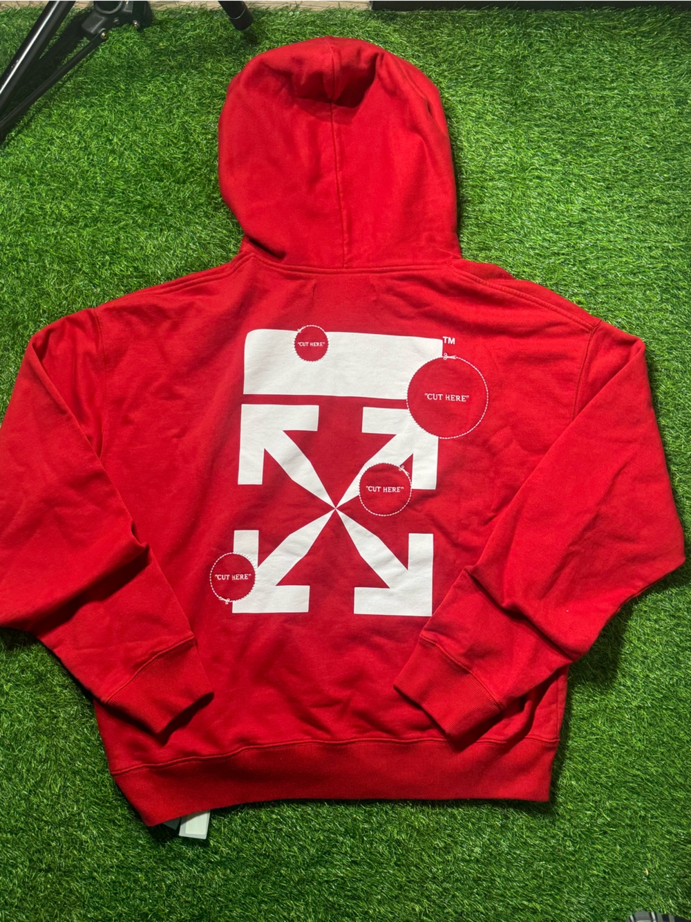 Off-White Red Cotton Hoodie ‘Cut Here’ Logo (sz XXL)